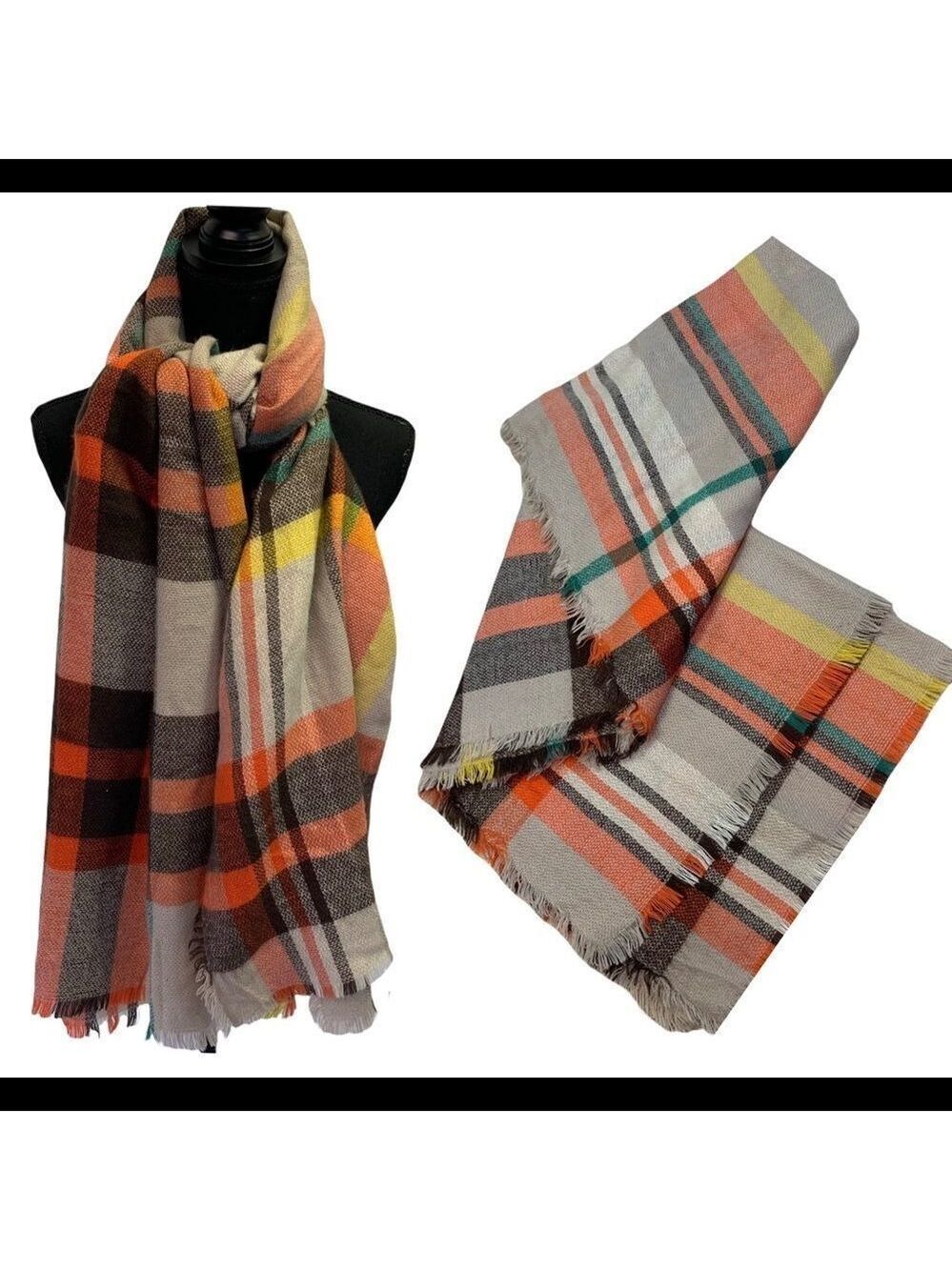 Brown tan teal orange yellow plaid check soft winter blanket scarf 💥